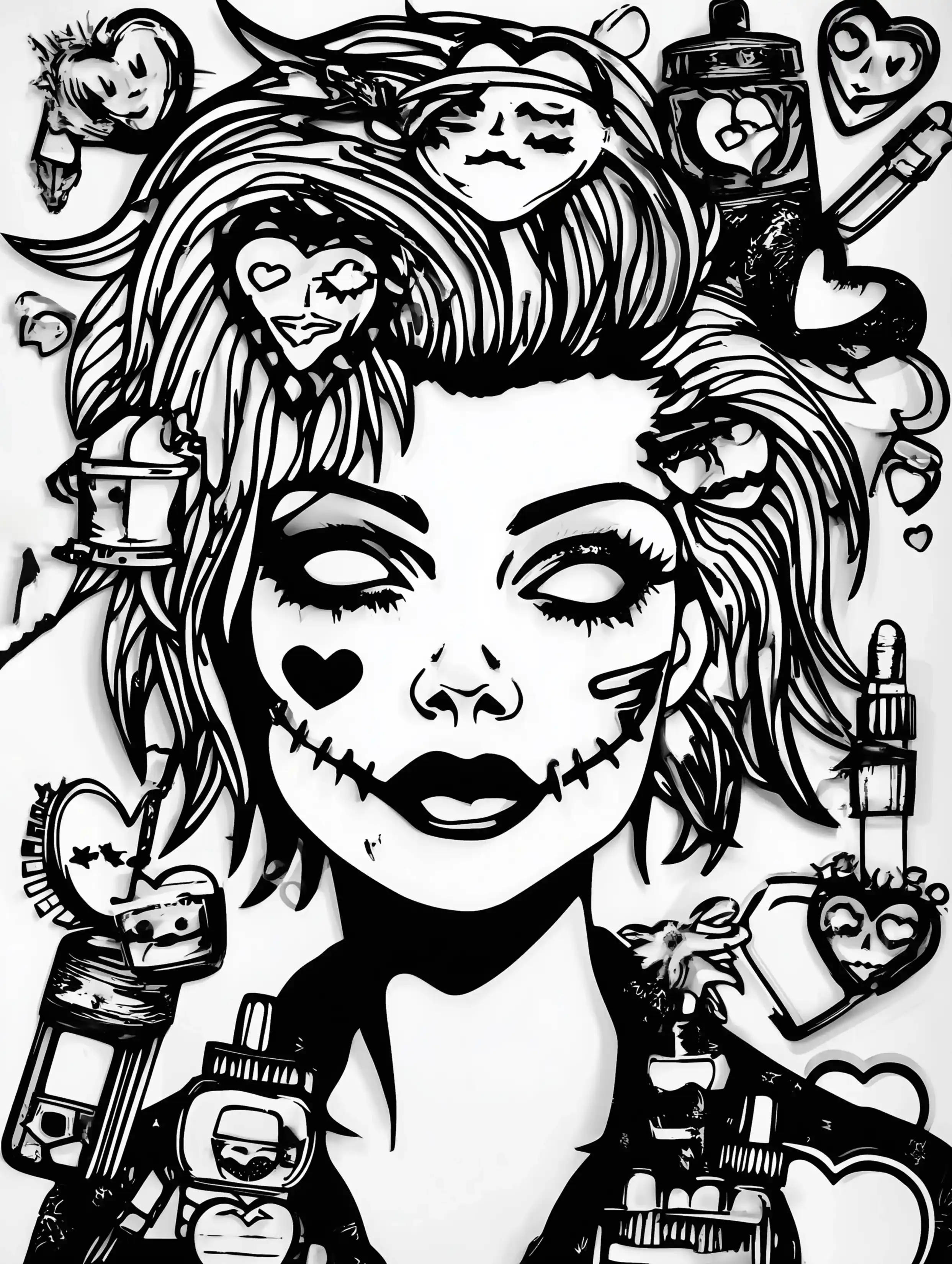 Free printable makeup coloring page for adults featuring a zombie face with white pupils